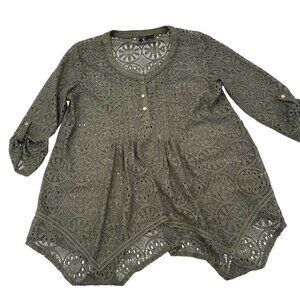 New Directions Green Crochet Lace Tunic Top Women's S Boho Style High-Low Hem